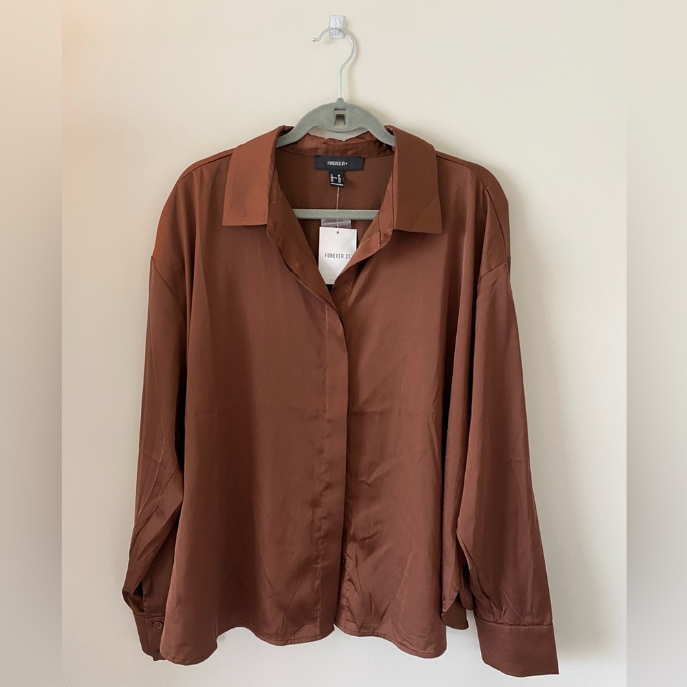 Forever 21 Silky Brown Button Down Top Size 2x